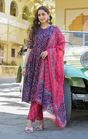 Women€™s Viscose Navy Blue Anarkali Kurta and Pant Set with Dupatta