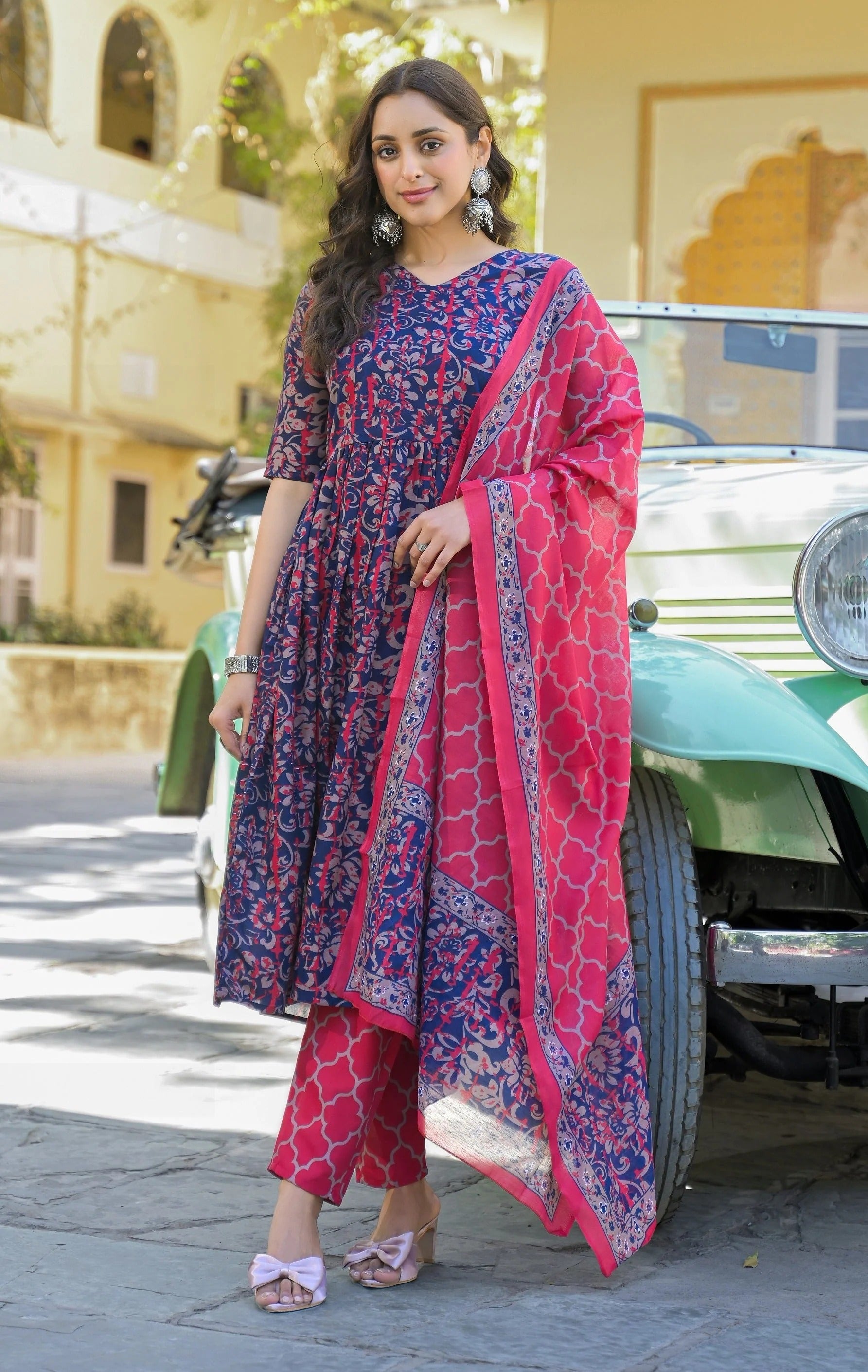 Navy Blue & Pink Floral Cotton Anarkali Kurta Set with Printed Pant & Dupatta