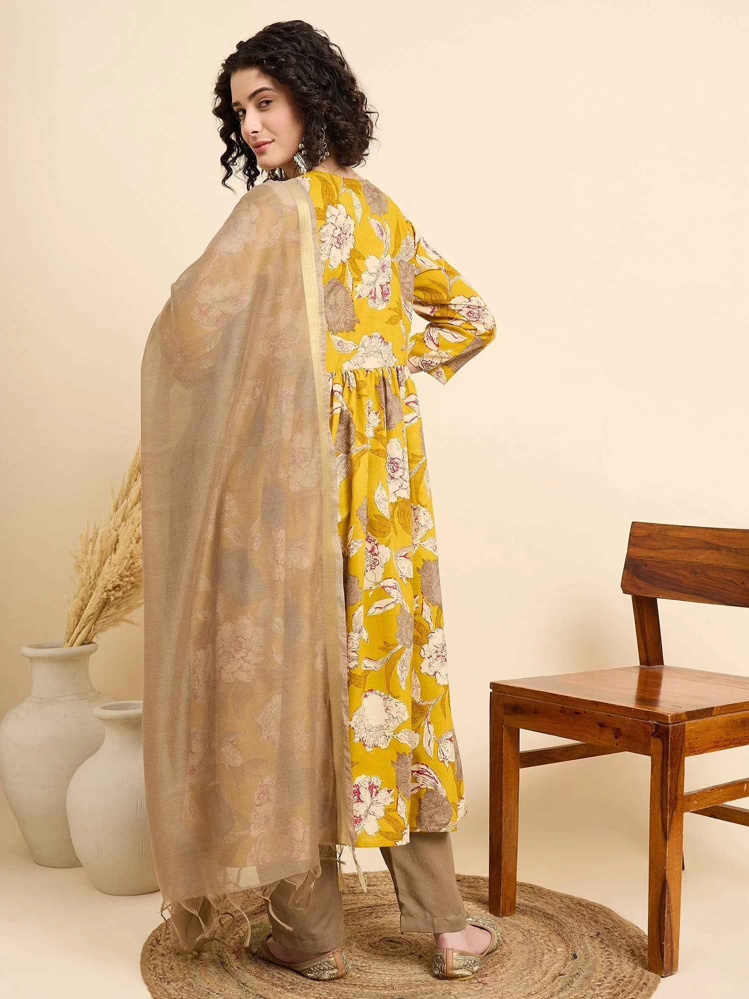 Women€™s Viscose Yellow Anarkali Kurta and Pant Set with Dupatta