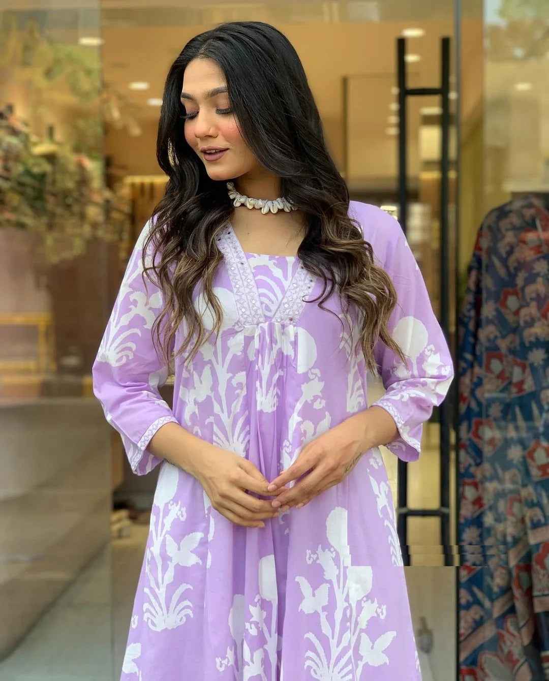 White Floral Lilac Pure Viscose Kurta Set