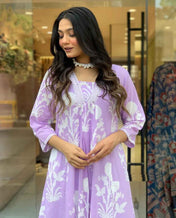White Floral Lilac Pure Viscose Kurta Set