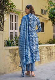 Blue Cotton Printed Straight Kurta Set with Pant & Dupatta