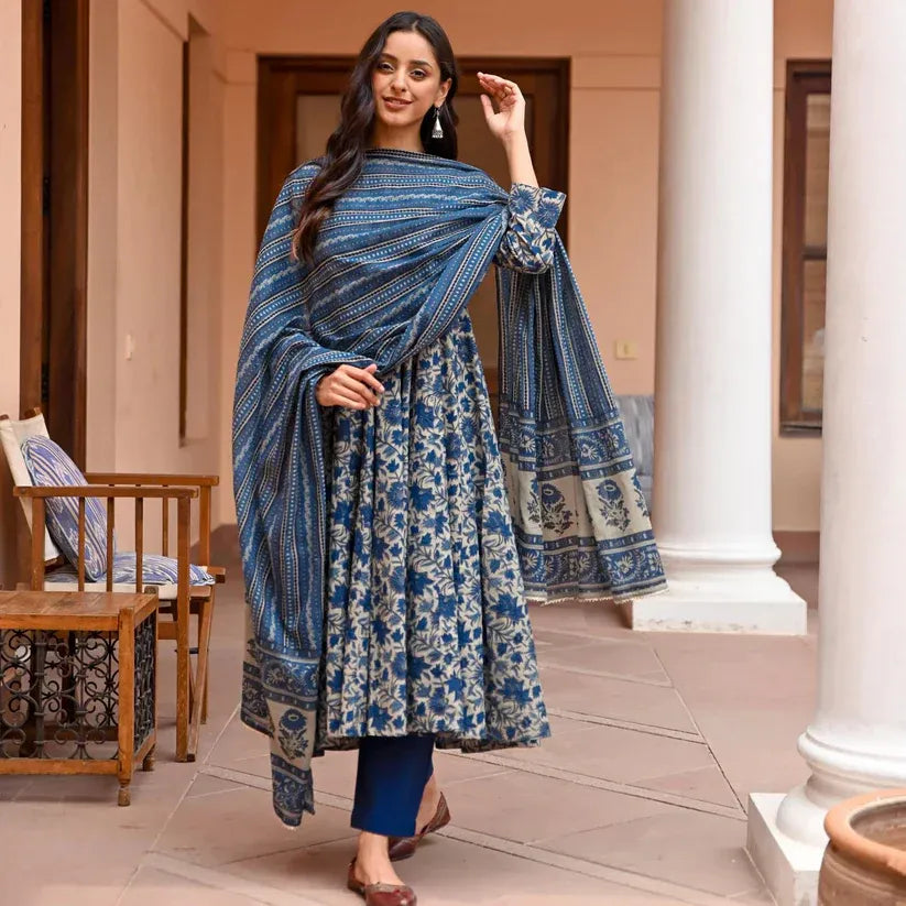 Blue Floral Cotton Anarkali Kurta Set with Pant & Dupatta
