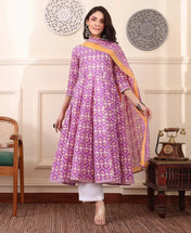 Lavender Printed Cotton Anarkali Kurta Set with Dupatta