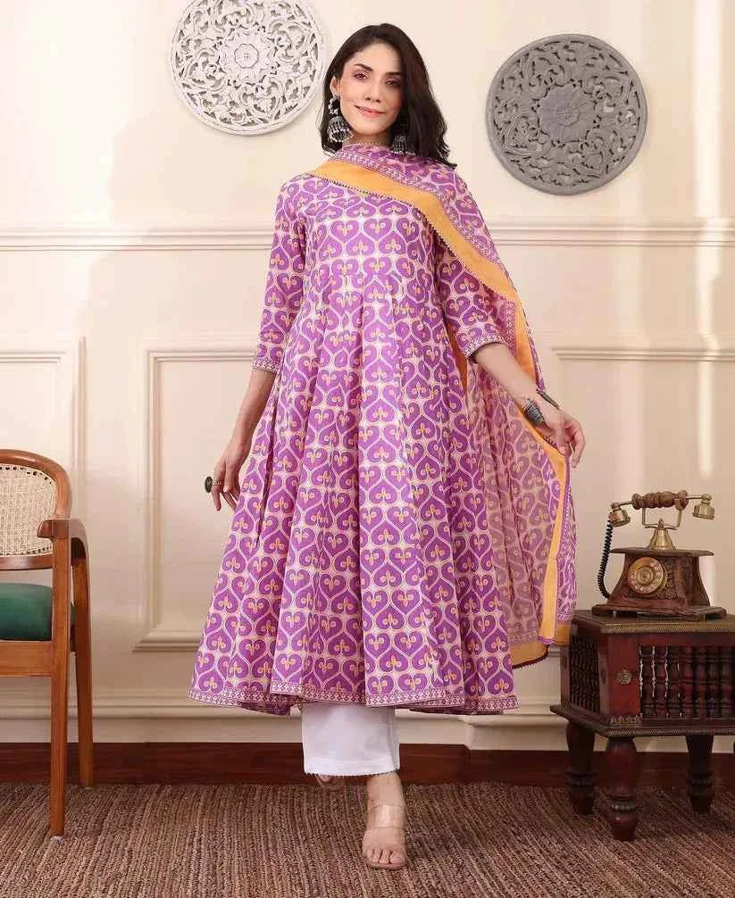 Women€™s Viscose Pastel Pink Anarkali Kurta and Pant Set with Dupatta