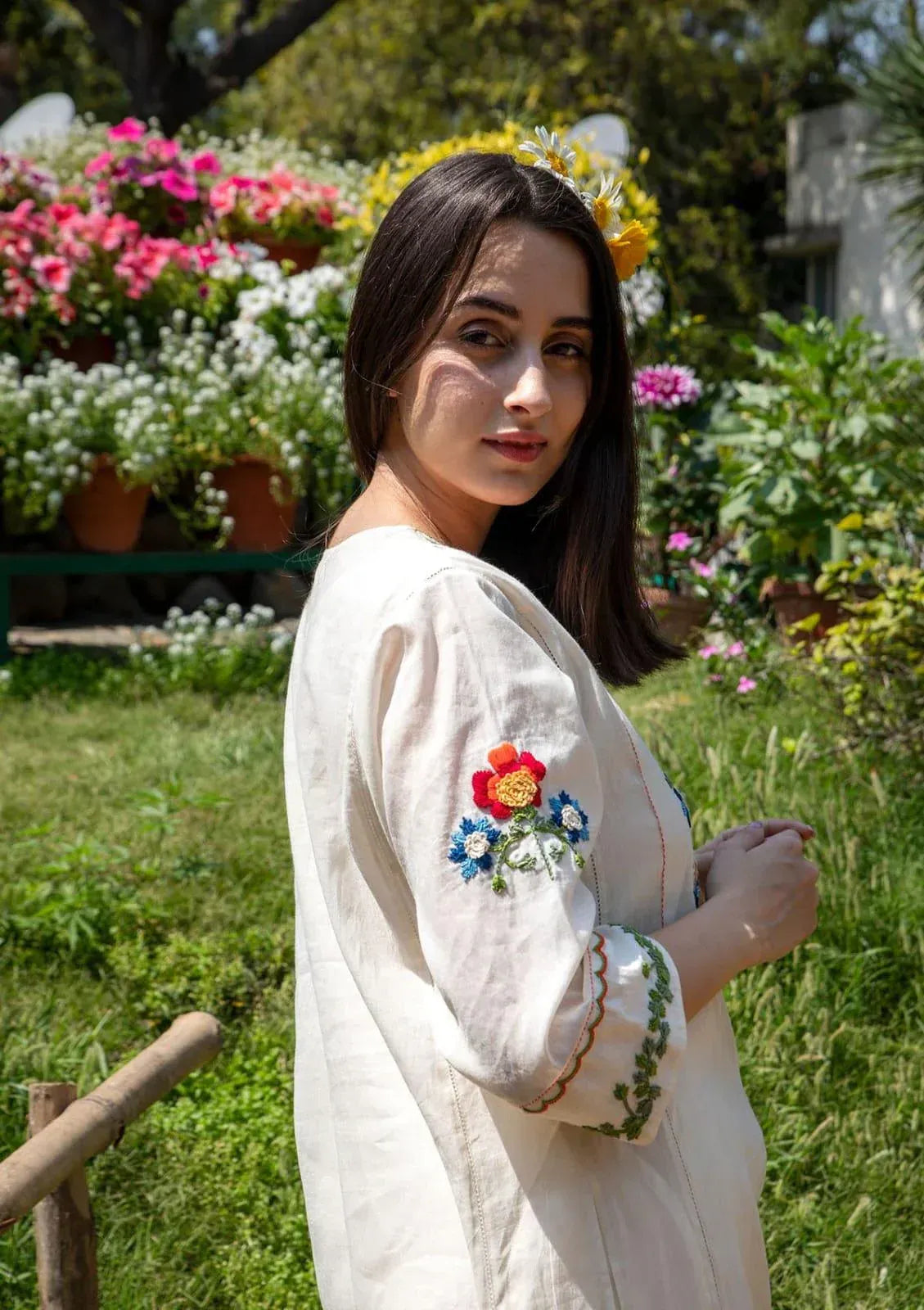 Off White Cotton Long Kurta Set with Multicolor Embroidery