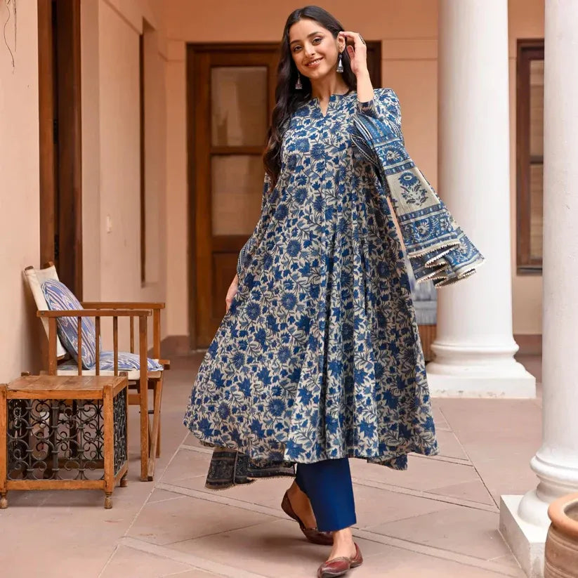 Blue Floral Cotton Anarkali Kurta Set with Pant & Dupatta