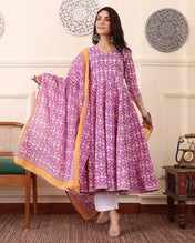 Lavender Printed Cotton Anarkali Kurta Set with Dupatta