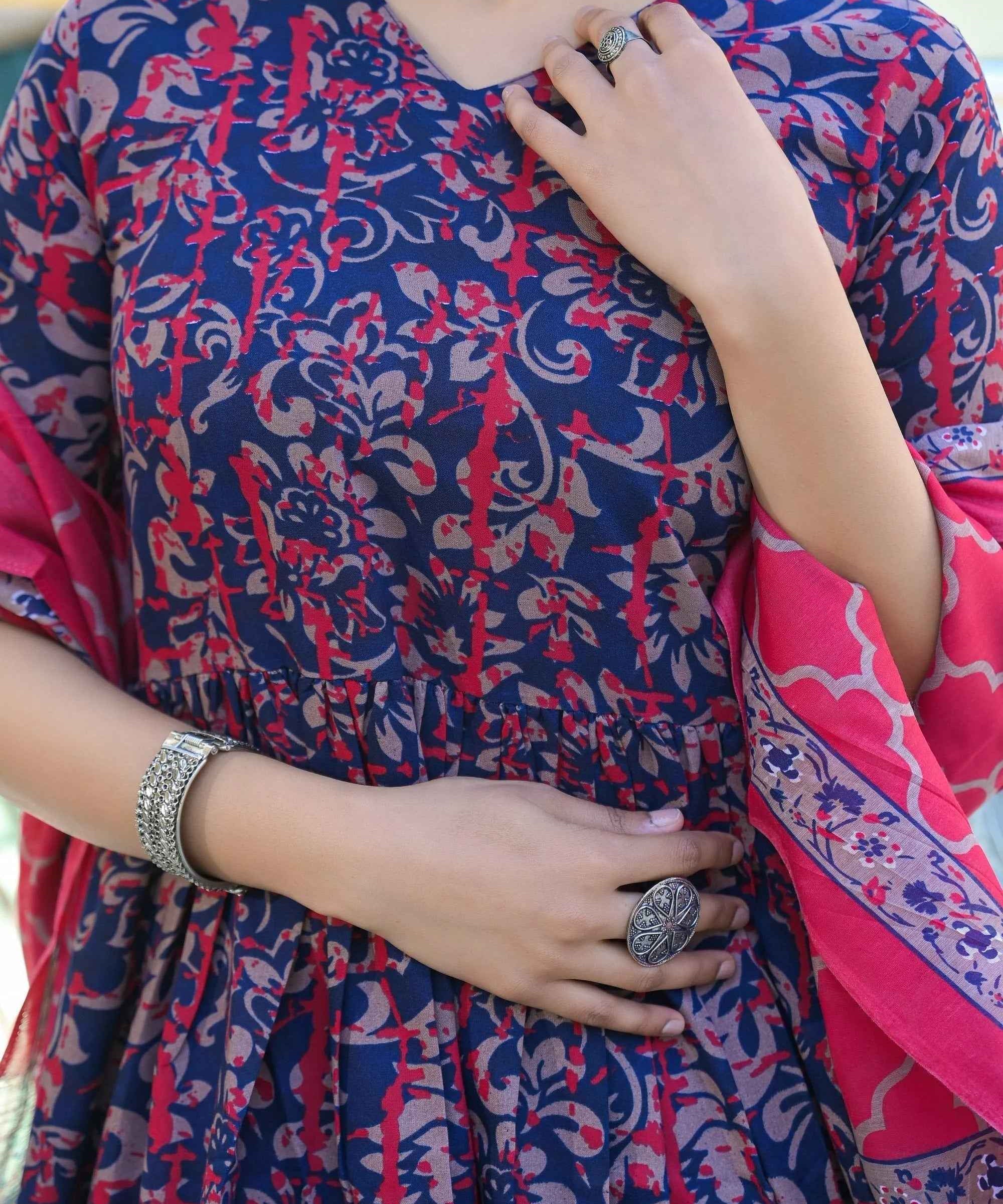 Women€™s Viscose Navy Blue Anarkali Kurta and Pant Set with Dupatta