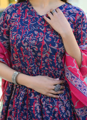 Navy Blue & Pink Floral Cotton Anarkali Kurta Set with Printed Pant & Dupatta