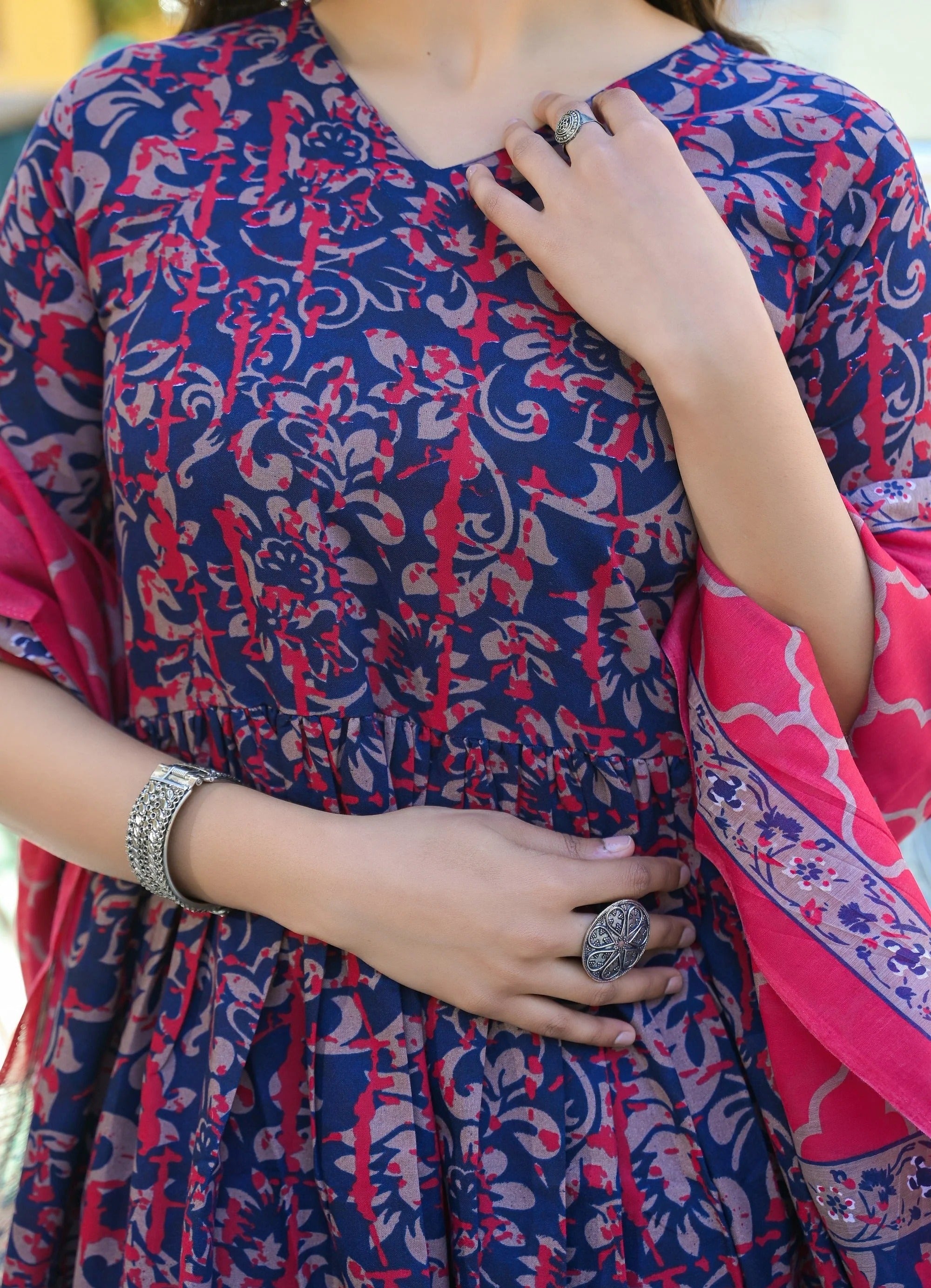 Navy Blue & Pink Floral Cotton Anarkali Kurta Set with Printed Pant & Dupatta