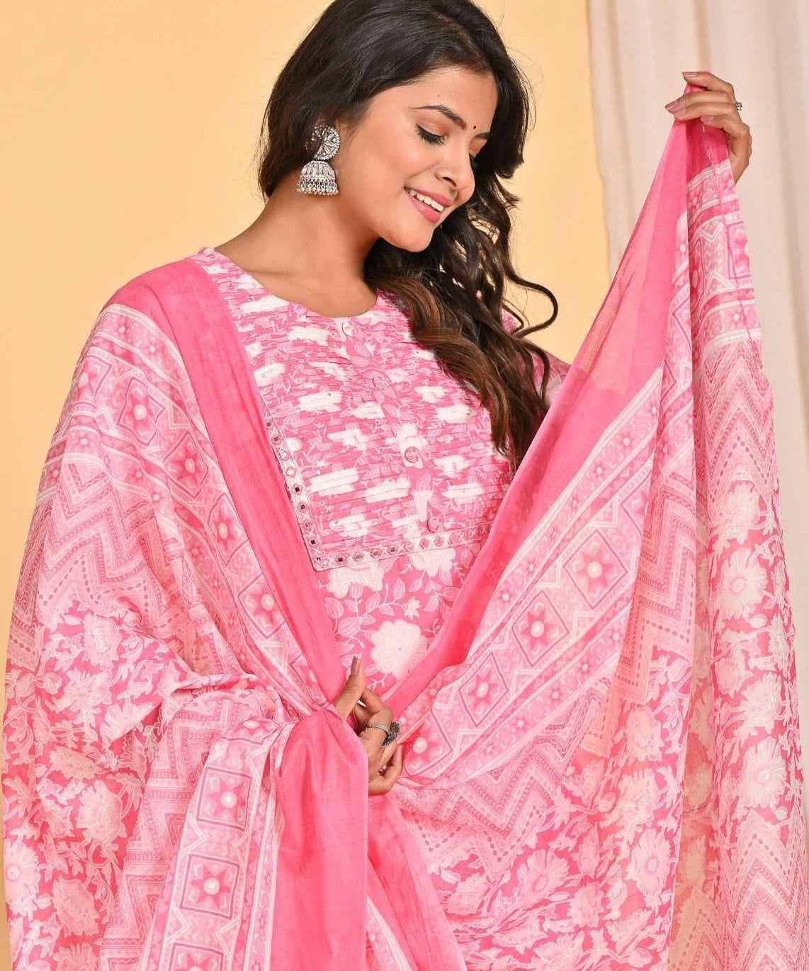 Pink Embroidered Straight Suit Set