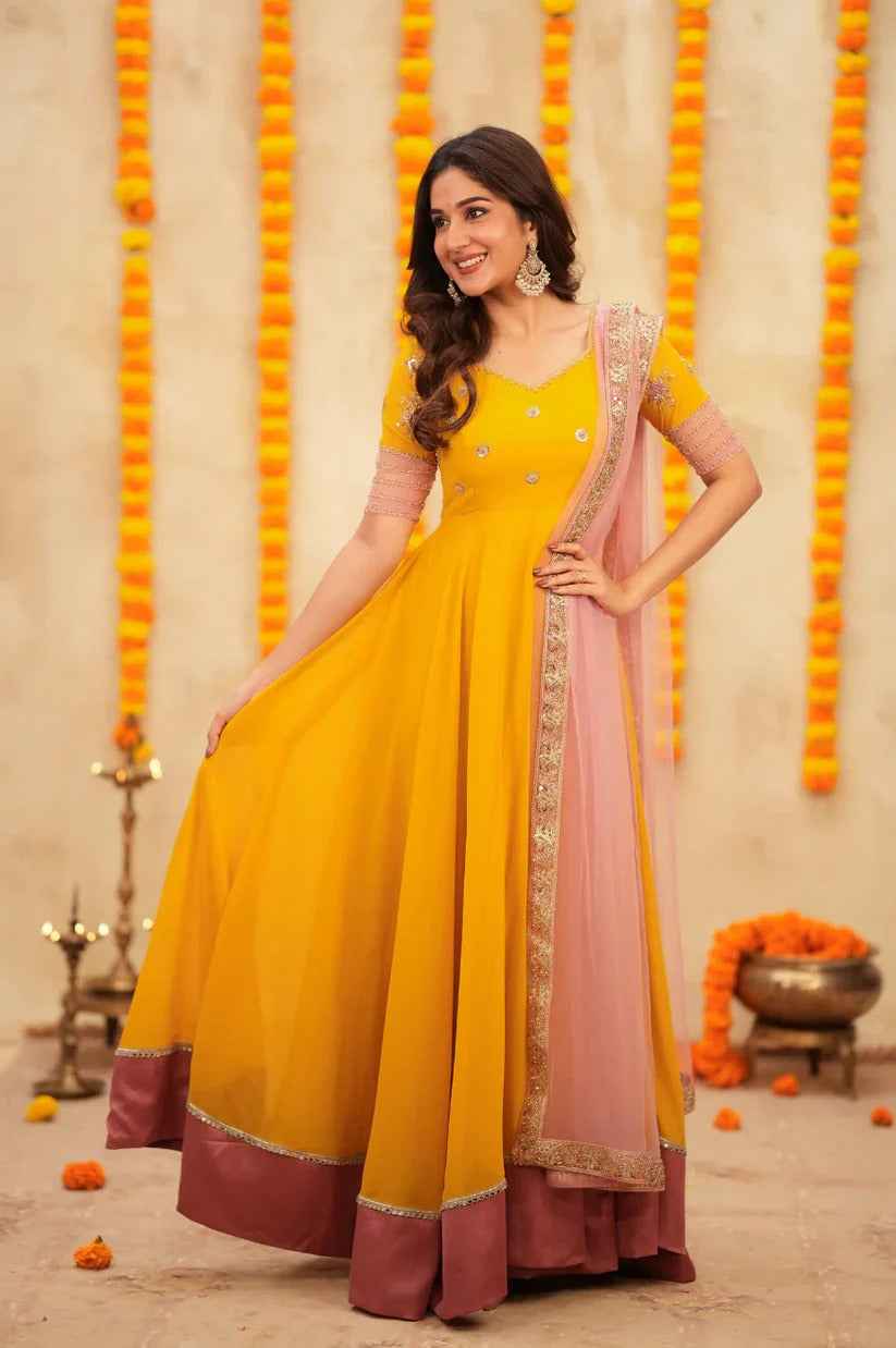 Yellow and baby pink designer hand-worked Anarkali with dupatta