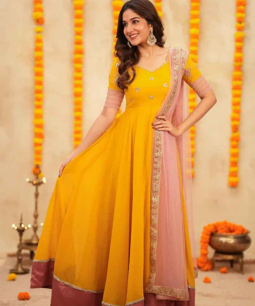 Yellow and baby pink designer hand-worked Anarkali with dupatta