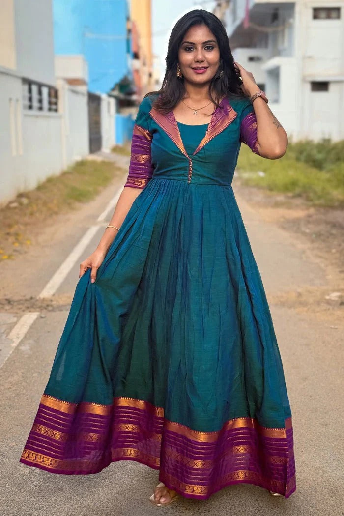 Teal Blue Silk Anarkali Dress with Purple Zari Border & Contrast Sleeve Detailing