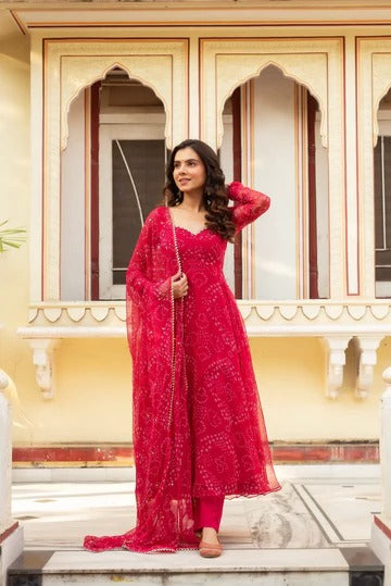 Designer Red Georgette Bandhani Anarkali Suit with Dupatta