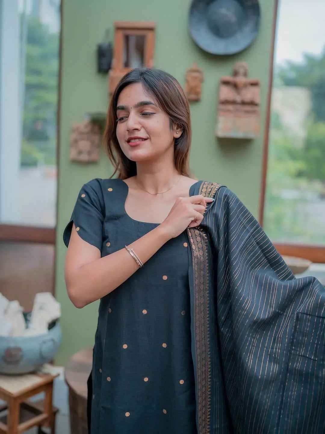 BLACK PURE COTTON KURTI WITH DUPATTA