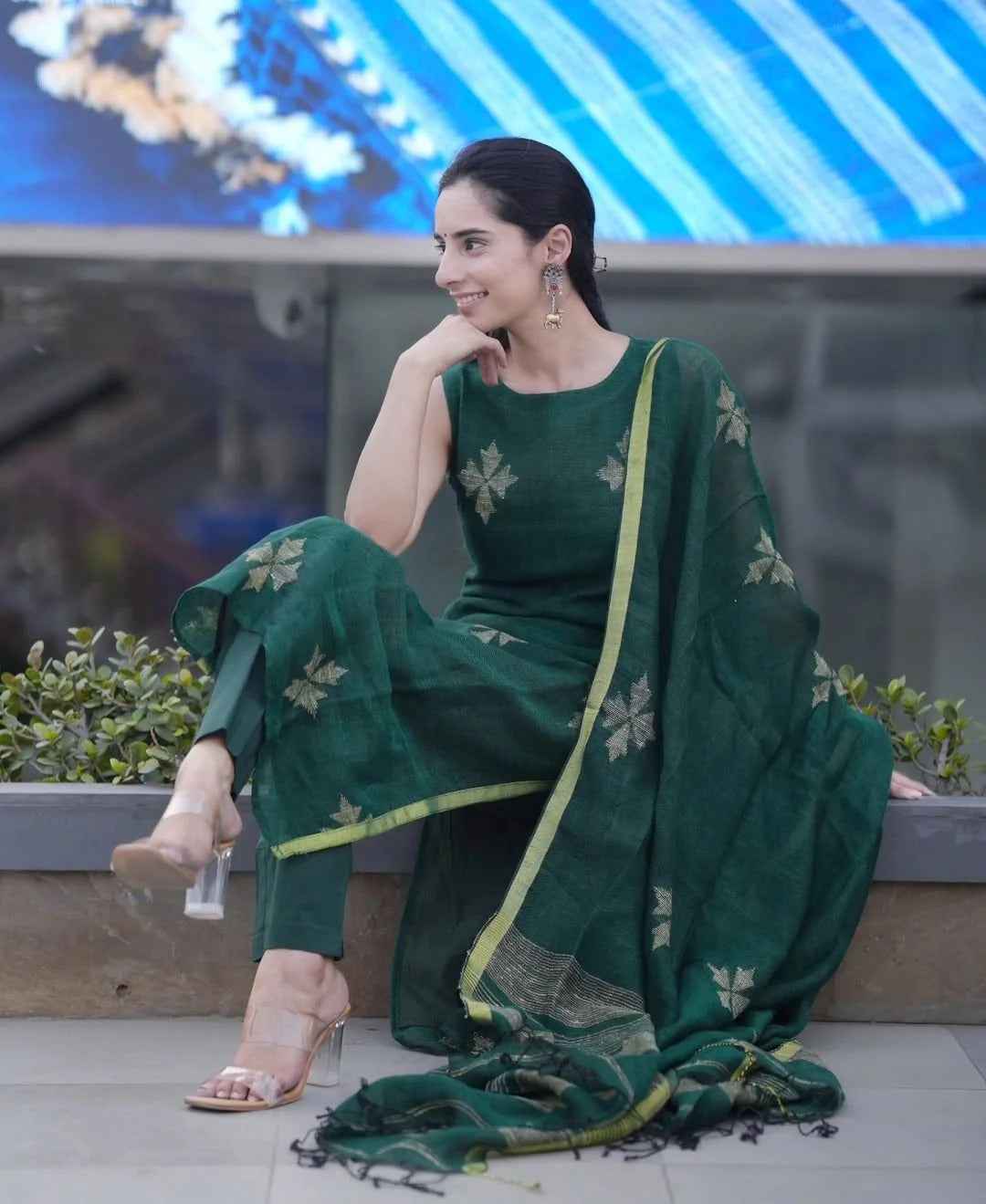 Green Linen Full Kurta Set