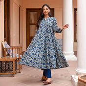 Blue Floral Cotton Anarkali Kurta Set with Pant & Dupatta