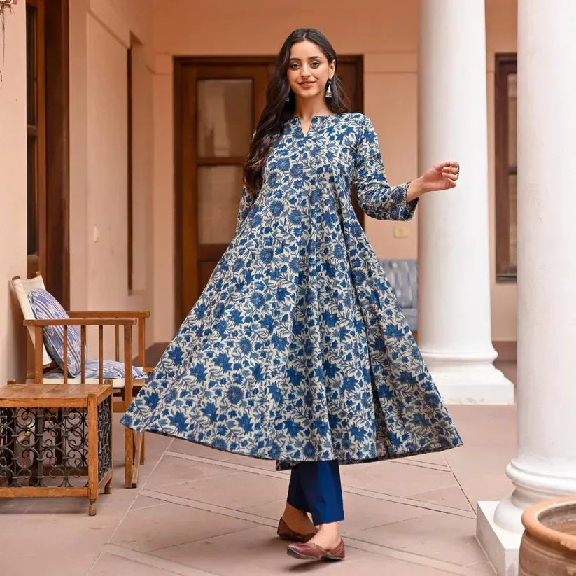 Blue Floral Cotton Anarkali Kurta Set with Pant & Dupatta