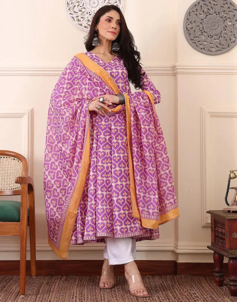Lavender Printed Cotton Anarkali Kurta Set with Dupatta
