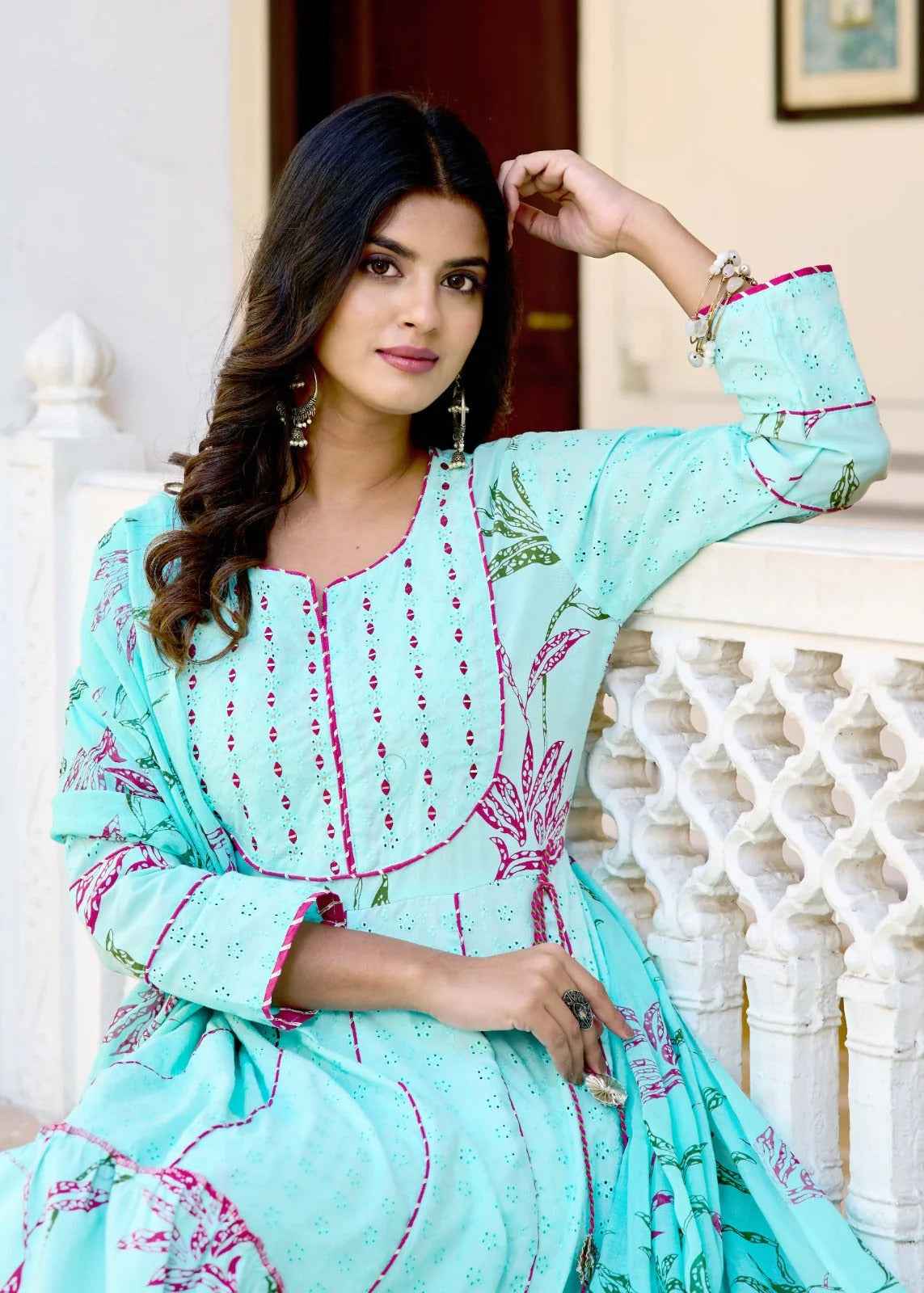 Aqua Bloom Anarkali Cotton Suit Set
