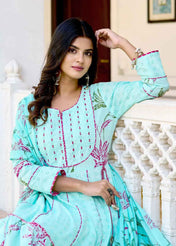 Aqua Bloom Anarkali Cotton Suit Set