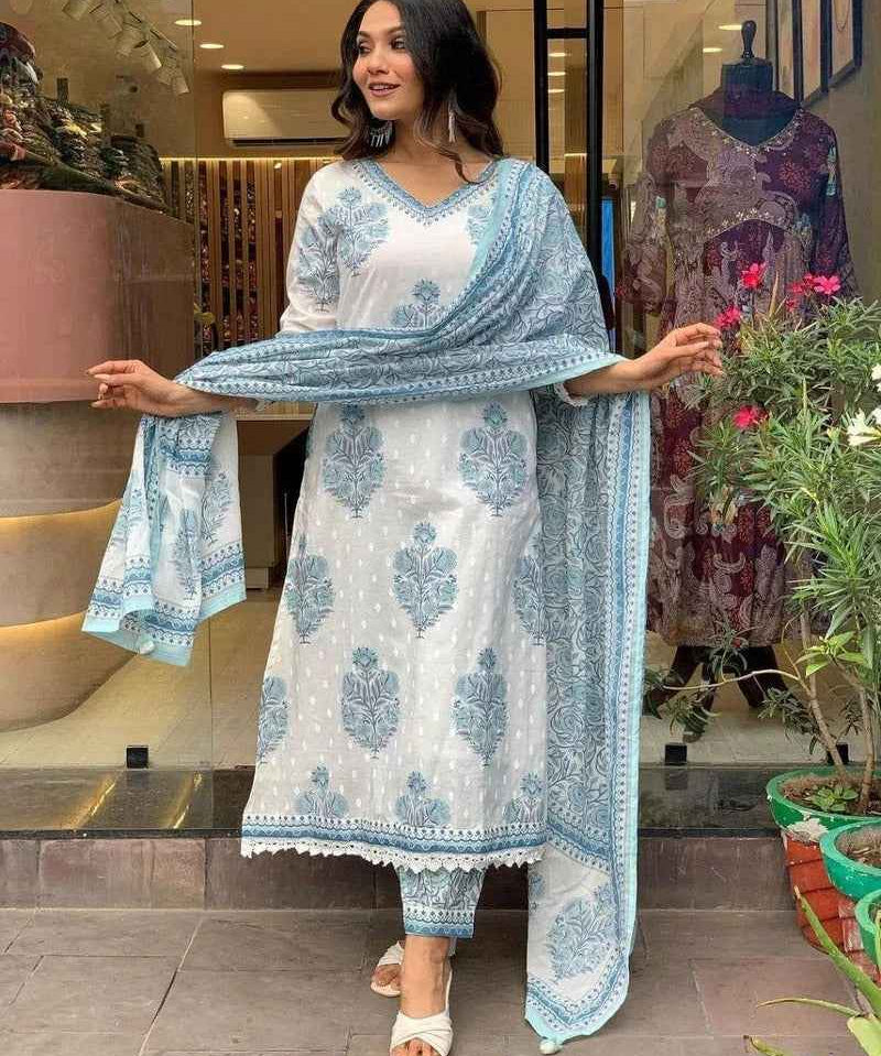 Icy Blue Bloom Viscose Rayon Suit Set