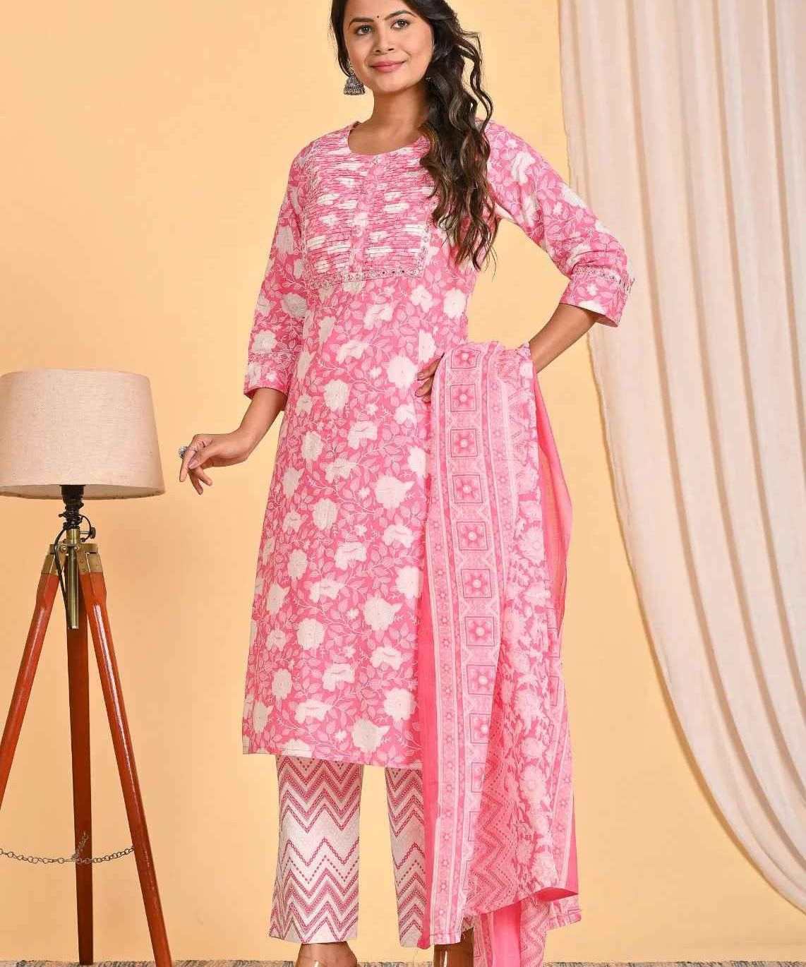 Pink Embroidered Straight Suit Set