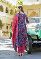 Navy Blue & Pink Floral Cotton Anarkali Kurta Set with Printed Pant & Dupatta