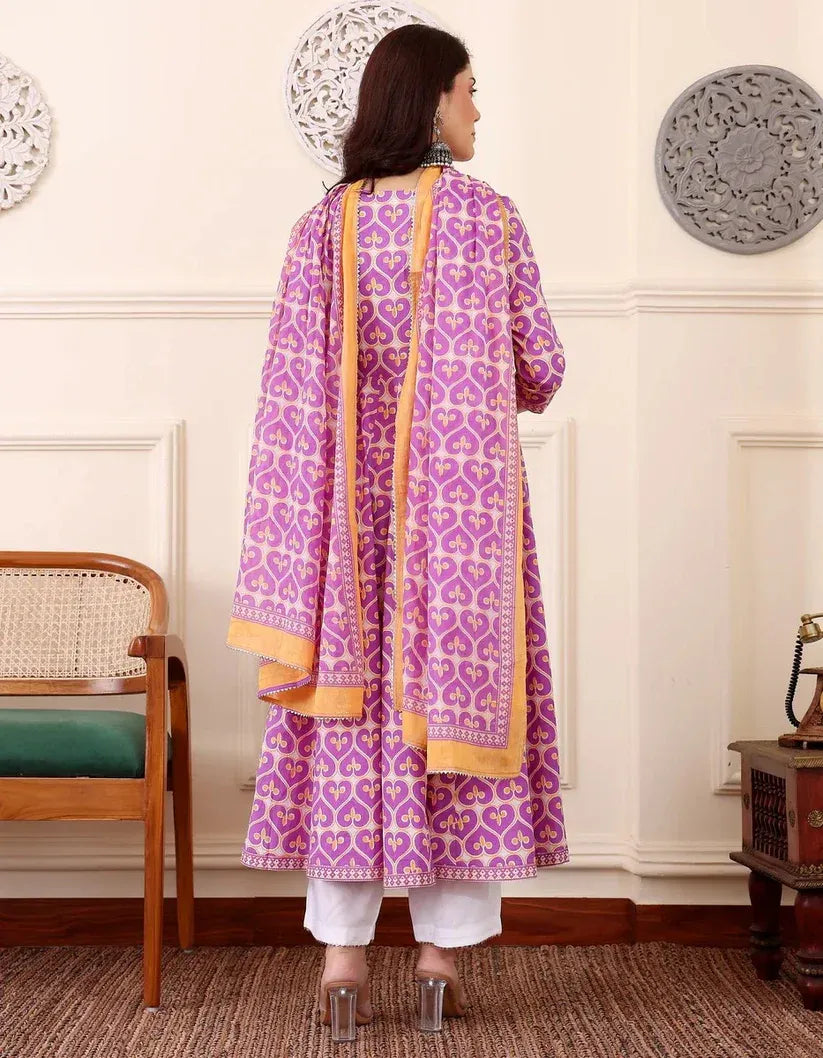 Lavender Printed Cotton Anarkali Kurta Set with Dupatta