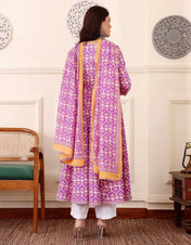 Lavender Printed Cotton Anarkali Kurta Set with Dupatta