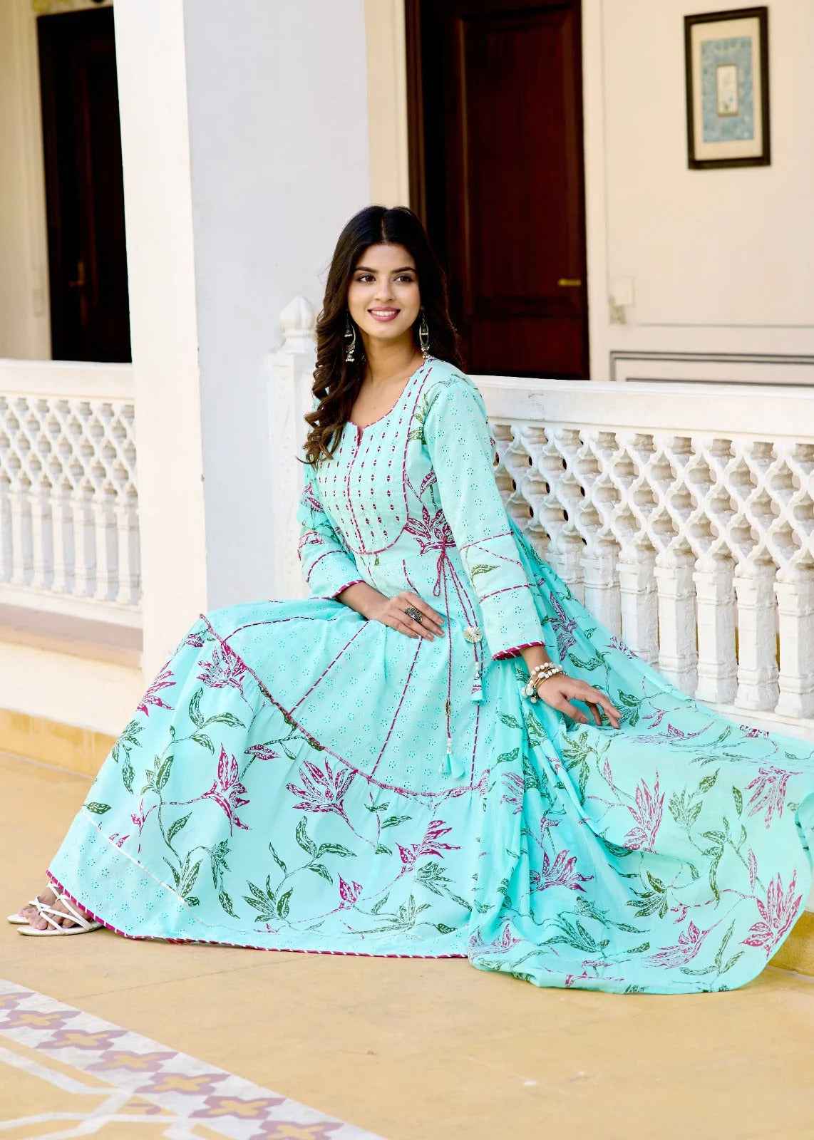 Aqua Bloom Anarkali Cotton Suit Set