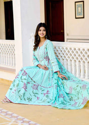Aqua Bloom Anarkali Cotton Suit Set
