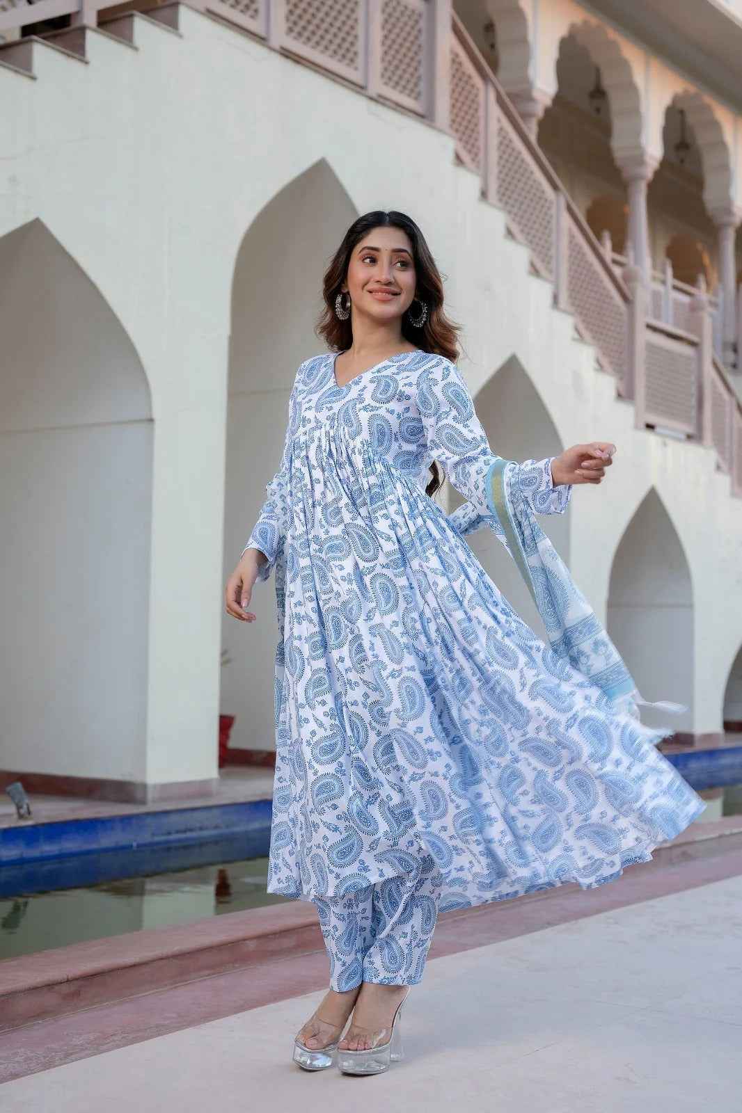 White &amp; Blue Delight Pure Viscose Suit