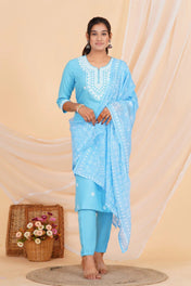 Sky Blue Chikankari Cotton Suit Set with Embroidered Kurta, Pant & Dupatta