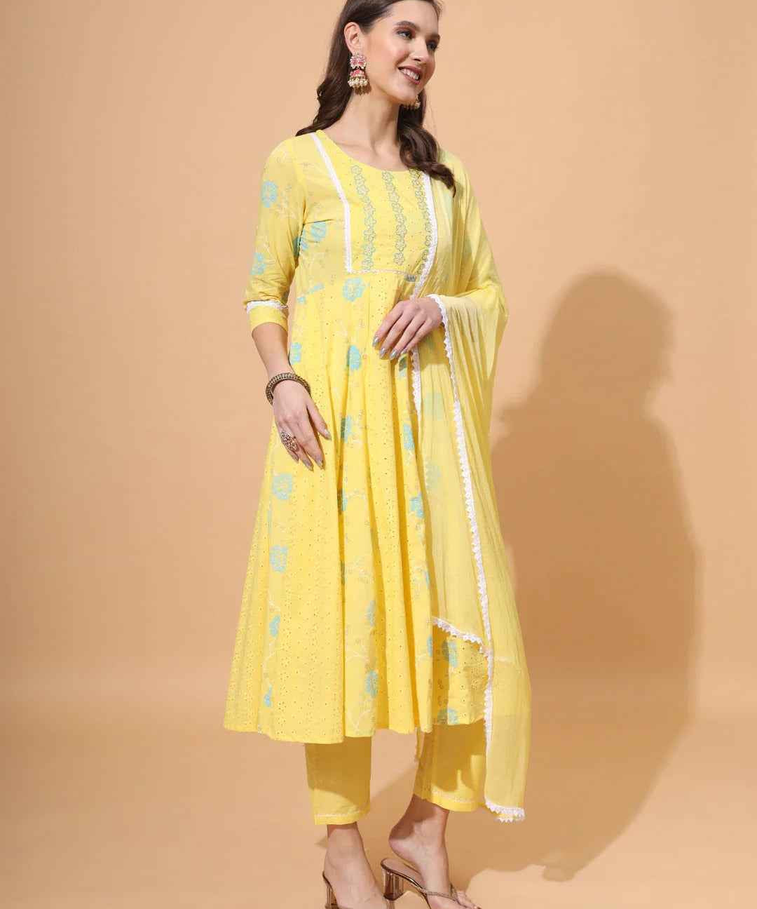 Pure Cotton Schiffli Kurta,Pant & Dupatta Set