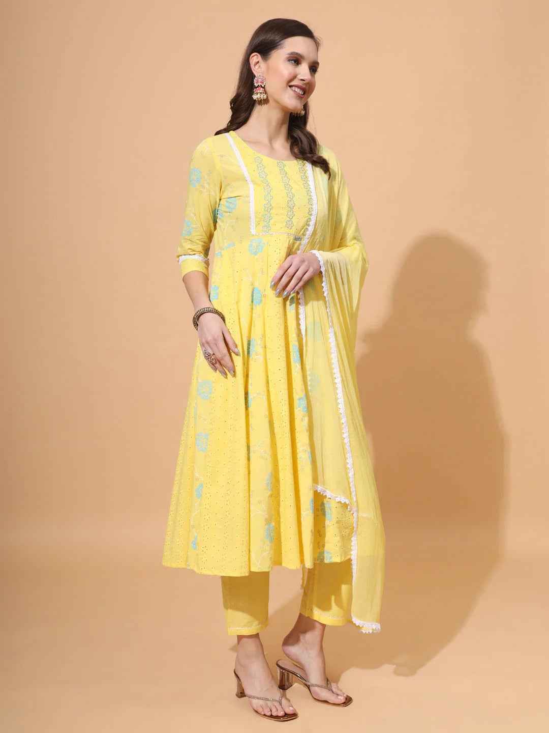 Pure Cotton Schiffli Kurta,Pant & Dupatta Set