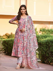 Peach Floral Cotton Anarkali Kurta Set with Printed Pants