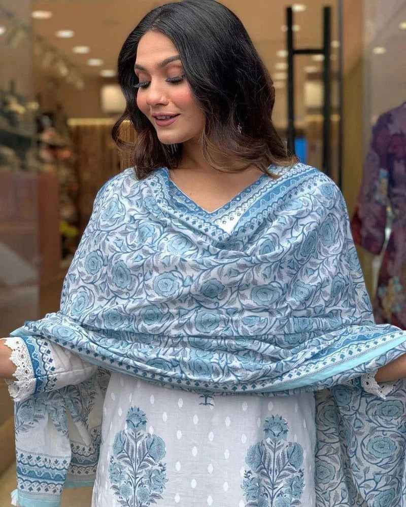 Icy Blue Bloom Viscose Rayon Suit Set