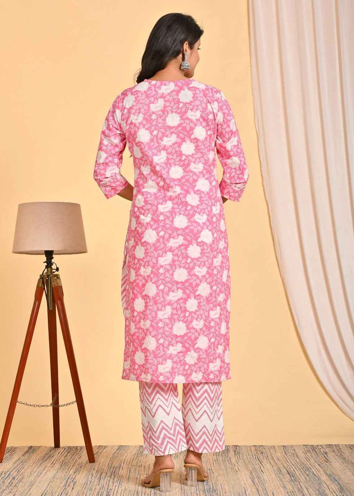 Pink Embroidered Straight Suit Set