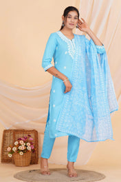 Sky Blue Chikankari Cotton Suit Set with Embroidered Kurta, Pant & Dupatta