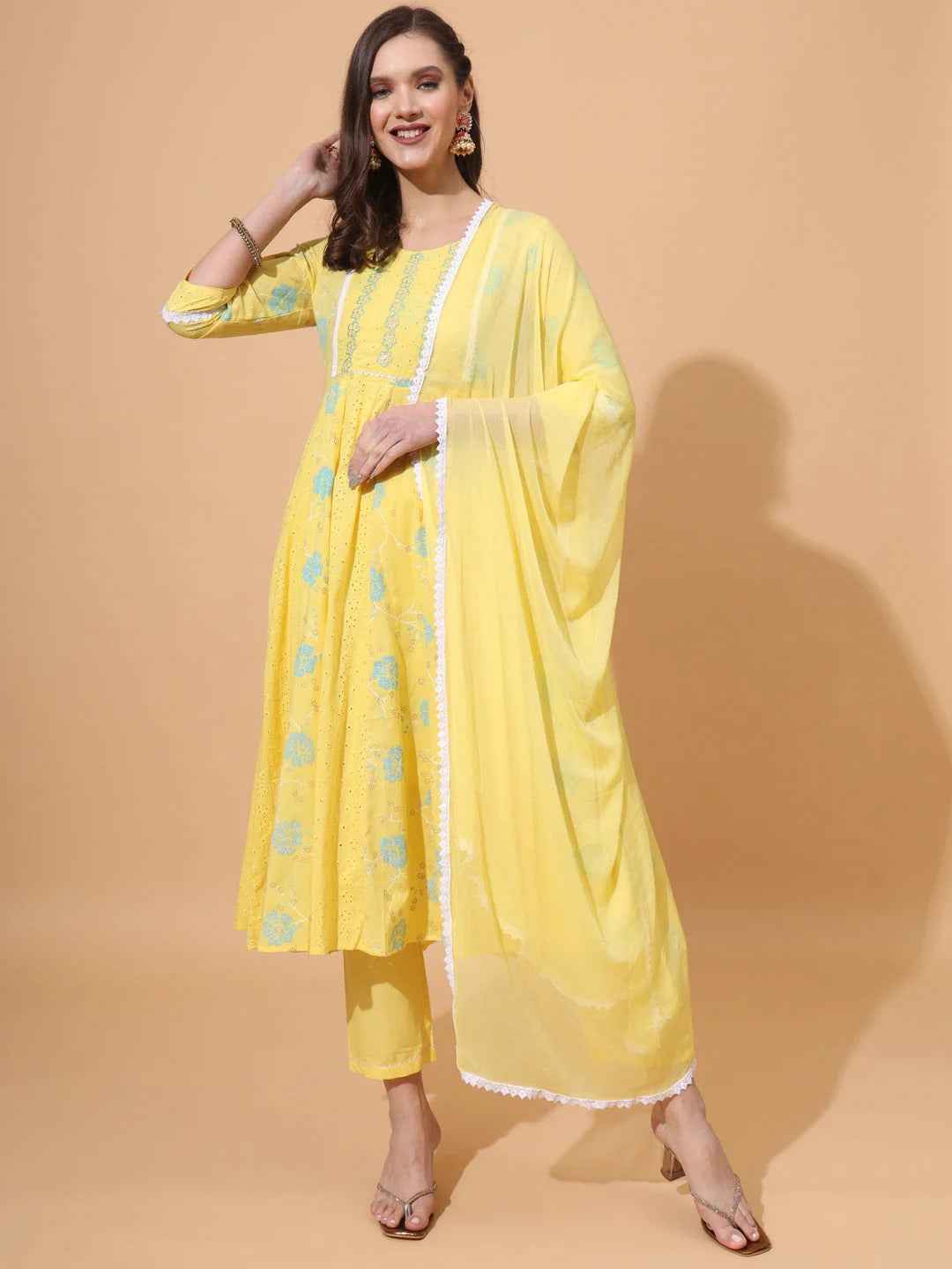 Pure Cotton Schiffli Kurta,Pant & Dupatta Set