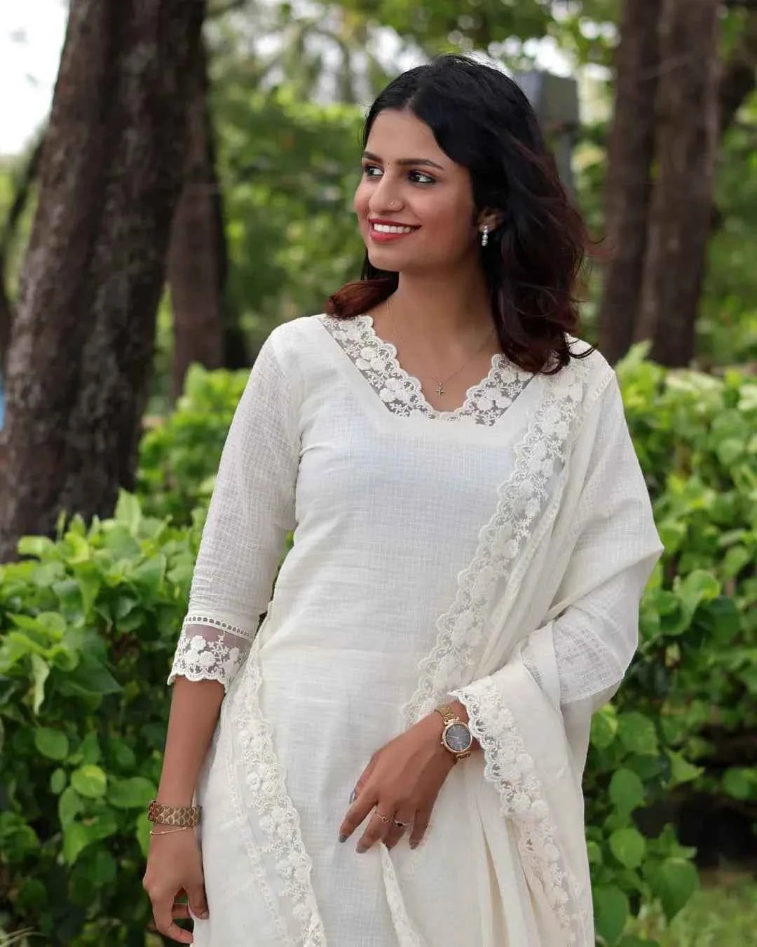 White Soft Cotton Kota Doria Suit With Lining.