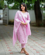 Pink Cotton Embroidery Full Kurta Set