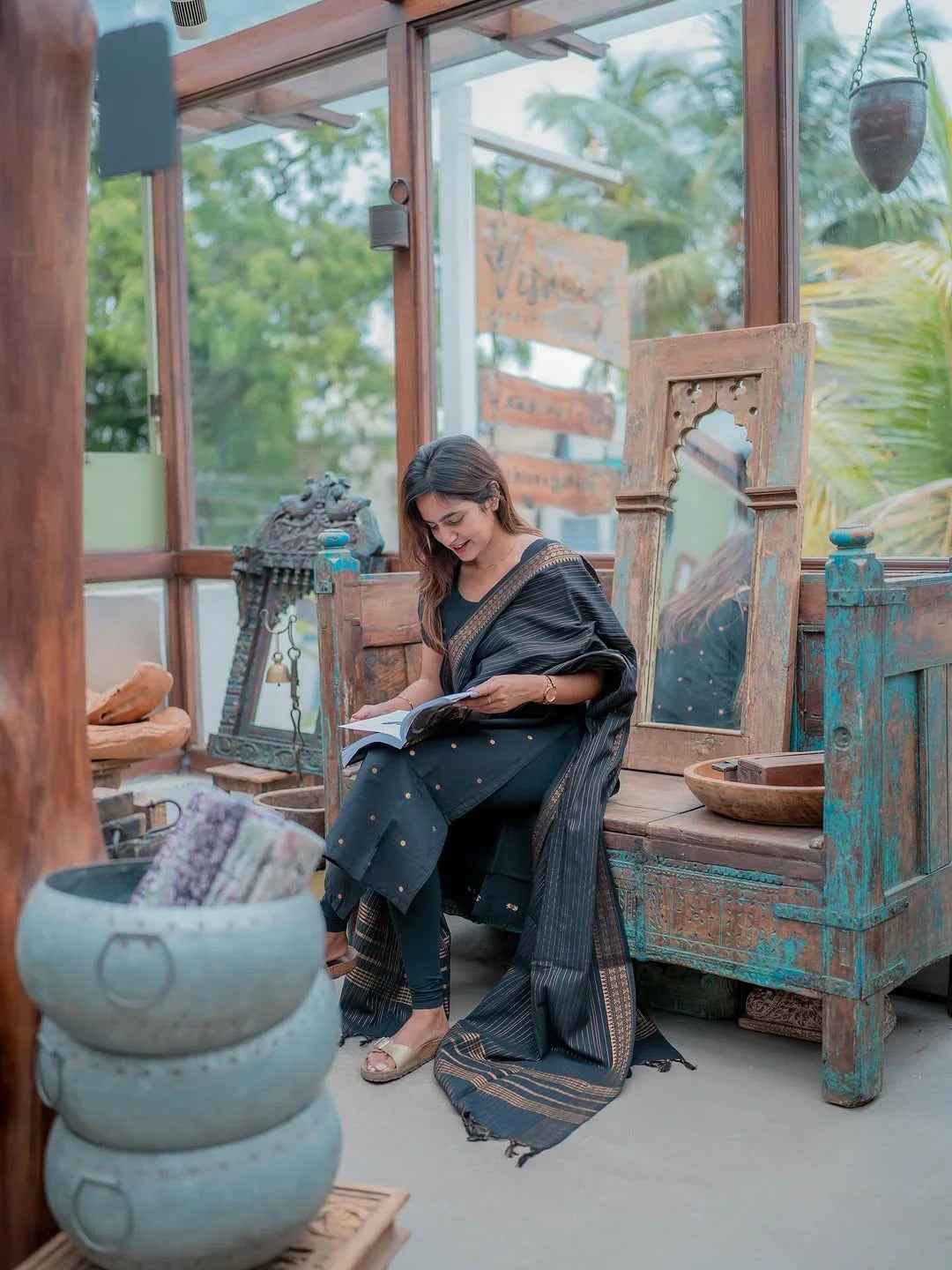 BLACK PURE COTTON KURTI WITH DUPATTA