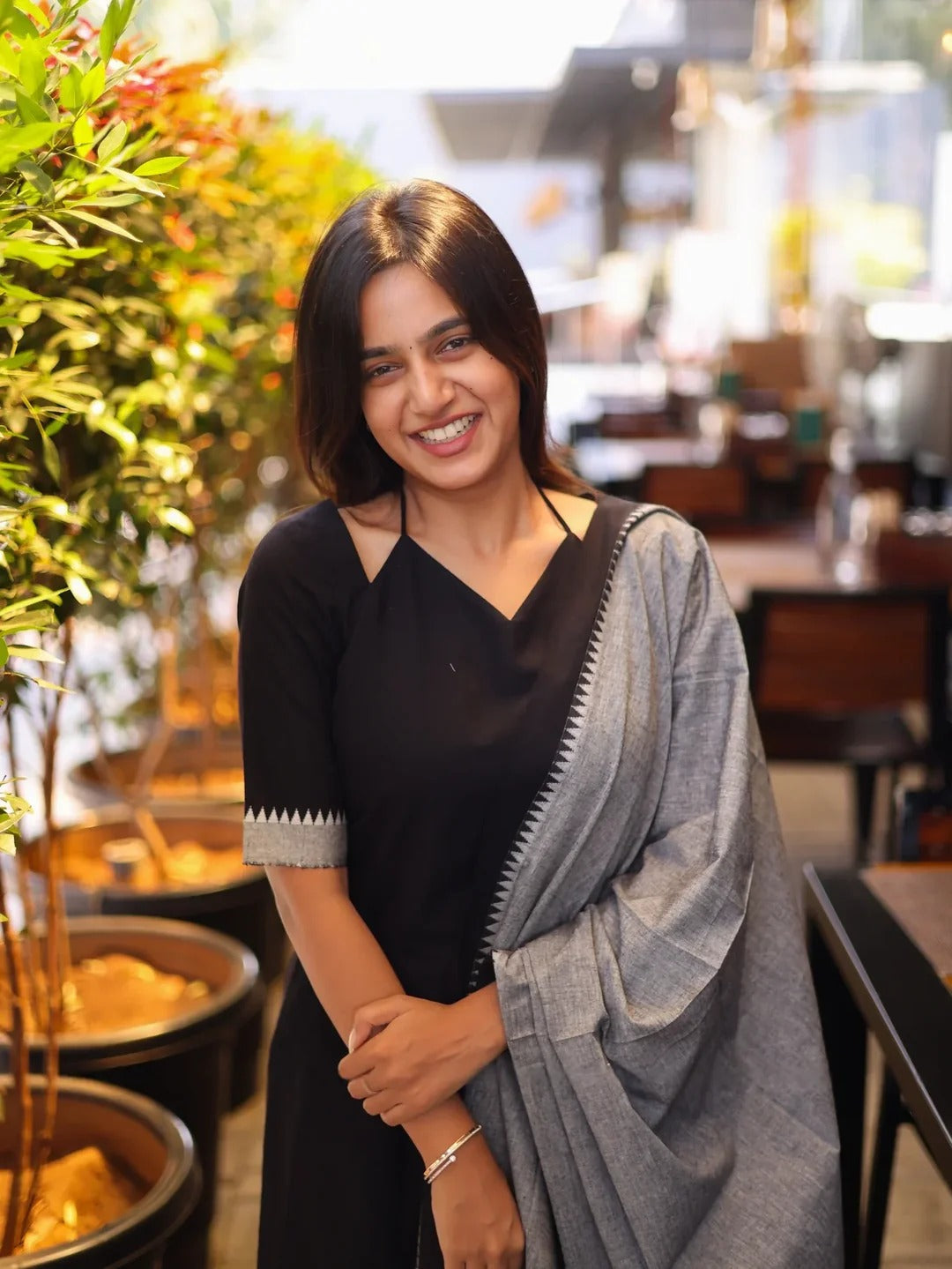 Black Cotton Kurta Set with Grey Dupatta