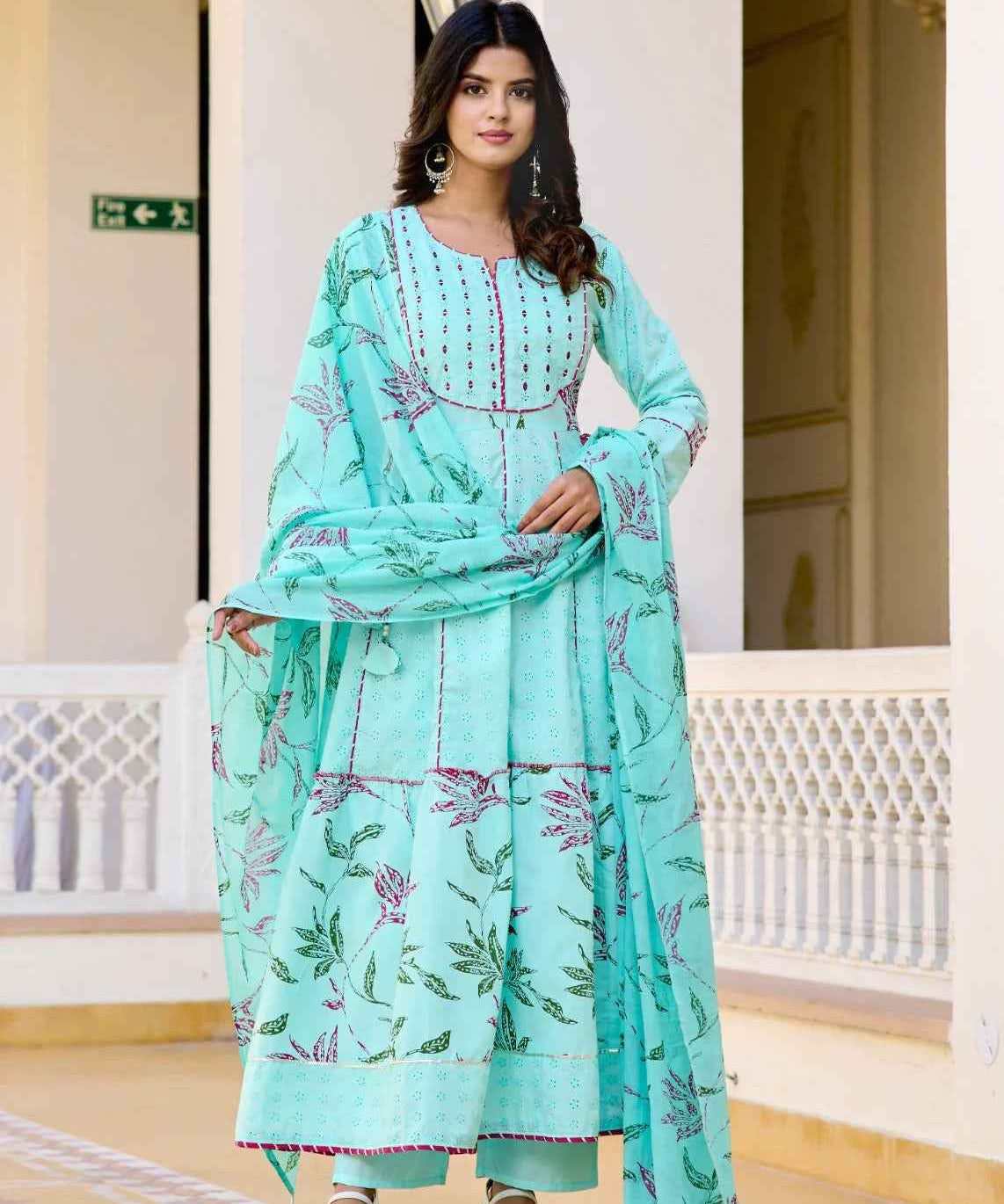 Aqua Bloom Anarkali Cotton Suit Set