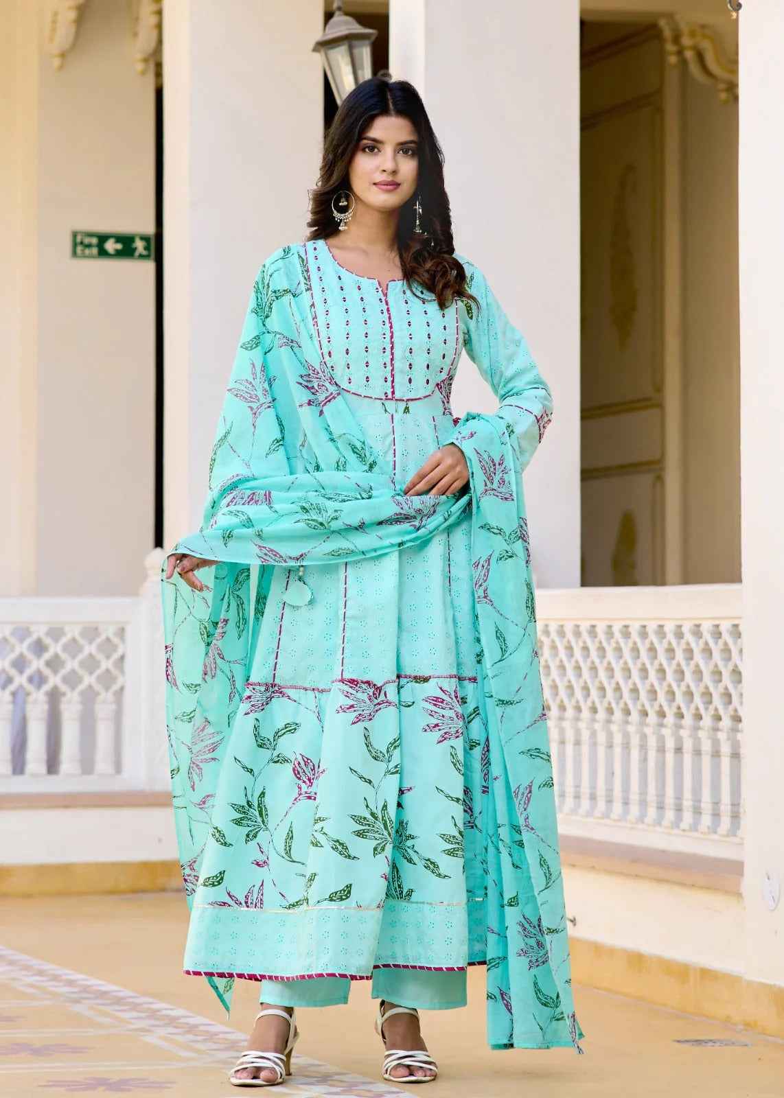 Aqua Bloom Anarkali Cotton Suit Set