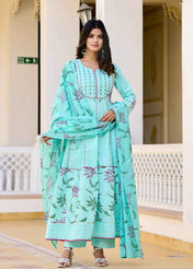 Aqua Bloom Anarkali Cotton Suit Set